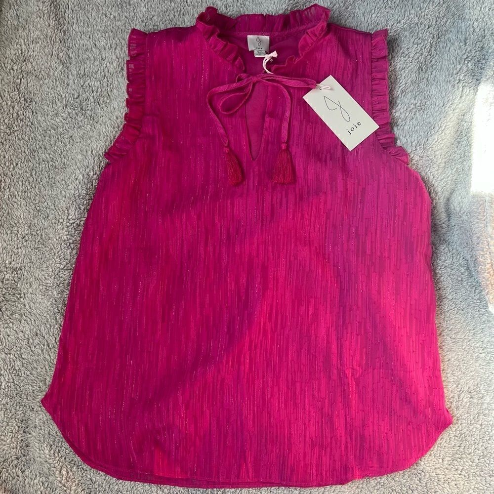 NWT Joie Blouse Hot Pink‎ Sleeveless Ruffled Slit Neck with Tie Top S